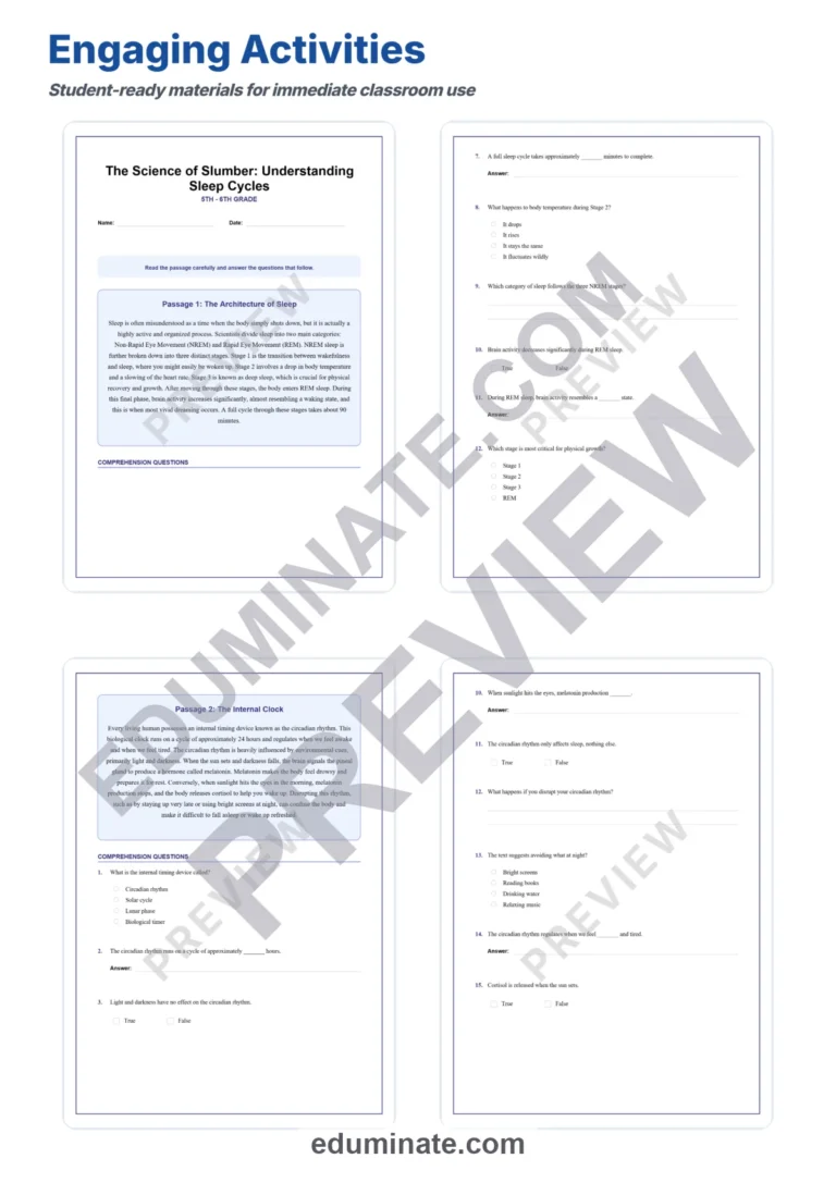 Sleep Cycles Reading Comprehension Passages and Science Worksheets Resource sample page 3