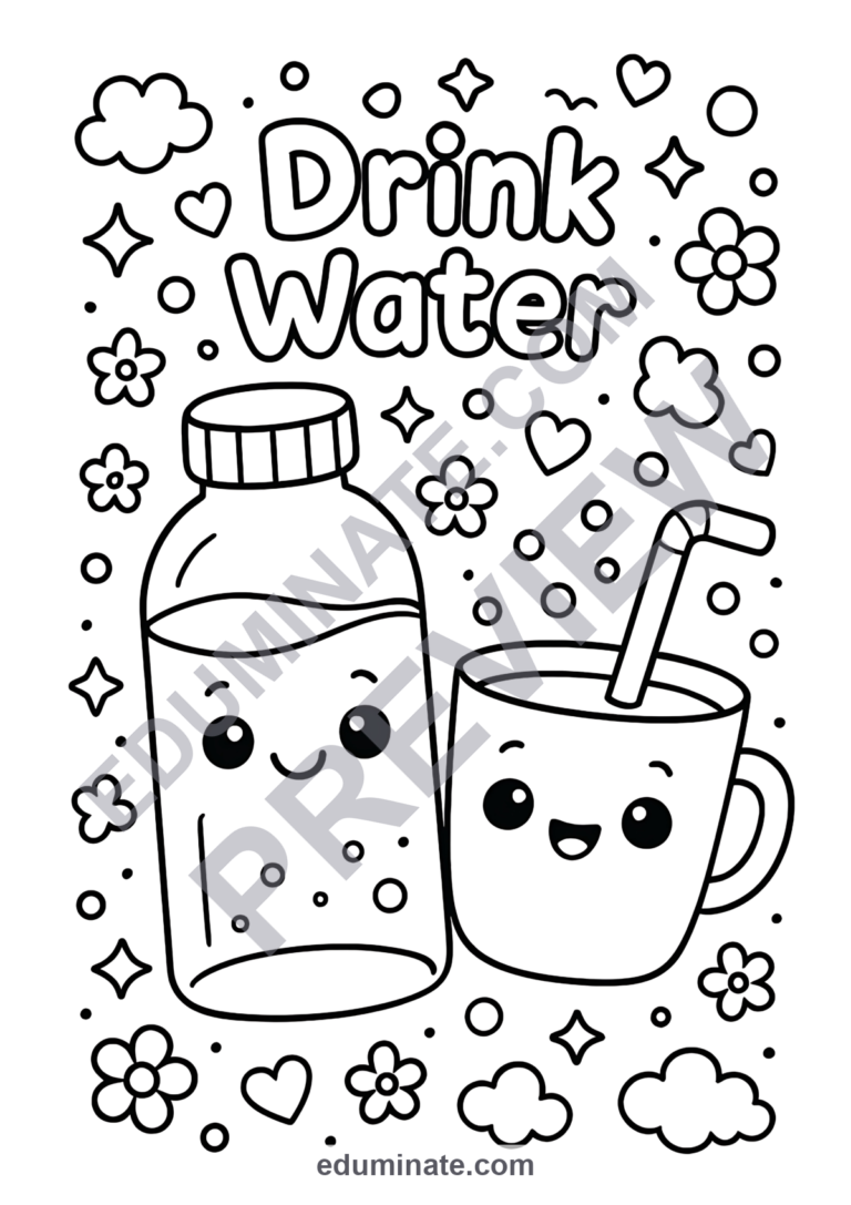 Water Coloring Pages | Healthy Drinking Habits Art Activity Sheets for Kids sample page 3