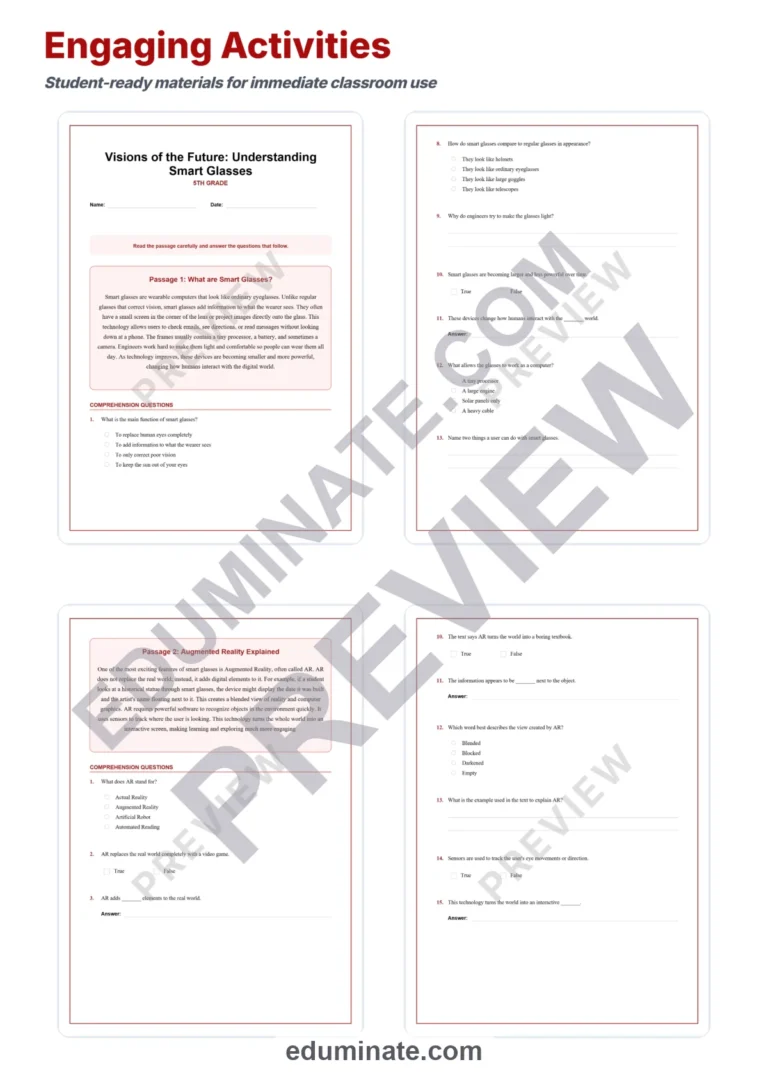 Smart Glasses Reading Comprehension Passages and Technology Worksheets Set sample page 3