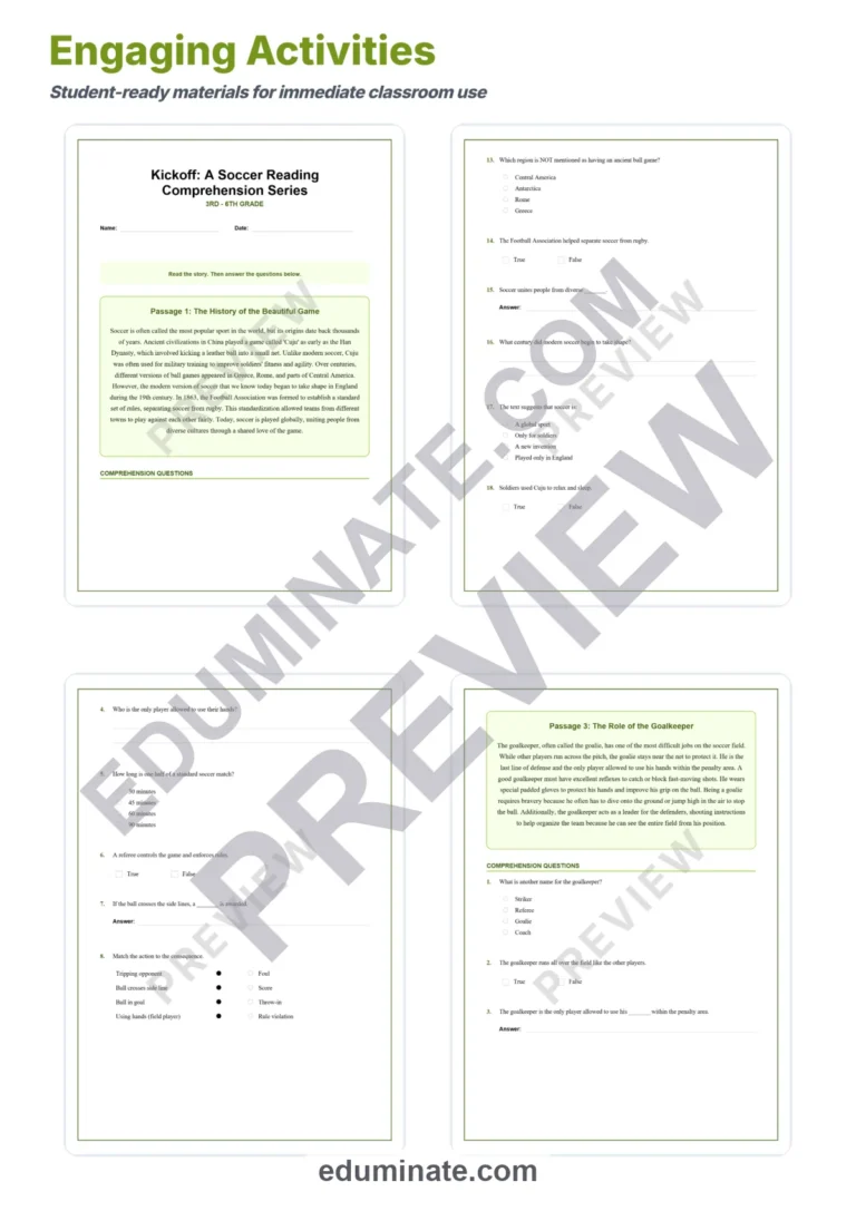 Soccer Reading Comprehension Passages and Sports Activities Worksheets Set sample page 3
