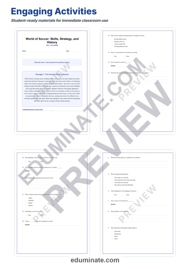 World of Soccer Reading Comprehension Passages and Sports Activities Pack sample page 3