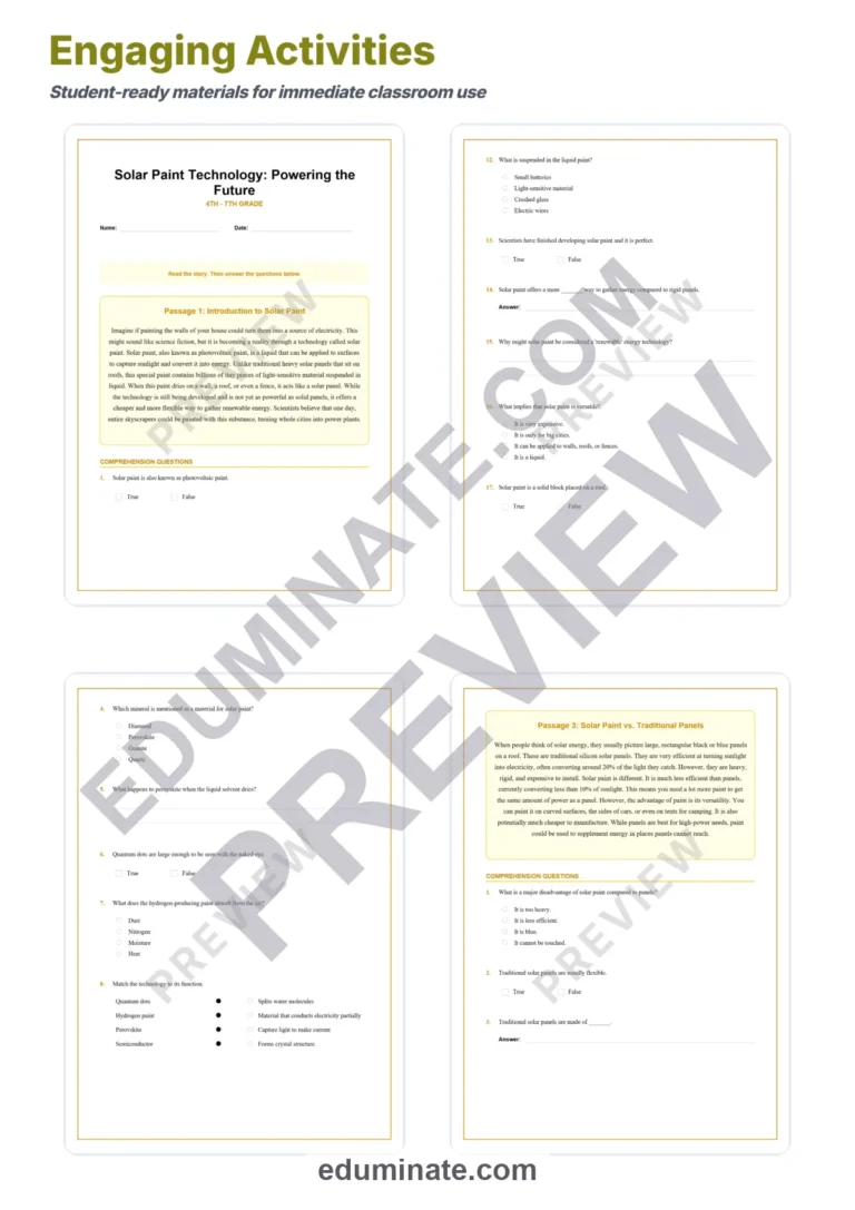 Solar Energy Worksheets – Solar Paint Reading Passages, Questions and Answer Key sample page 3