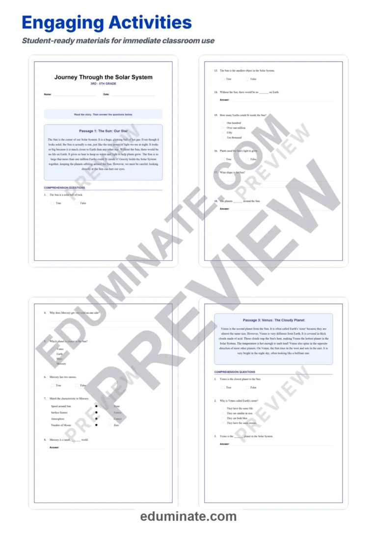 Space and Planets Reading Comprehension Passages and Solar System Worksheets sample page 3