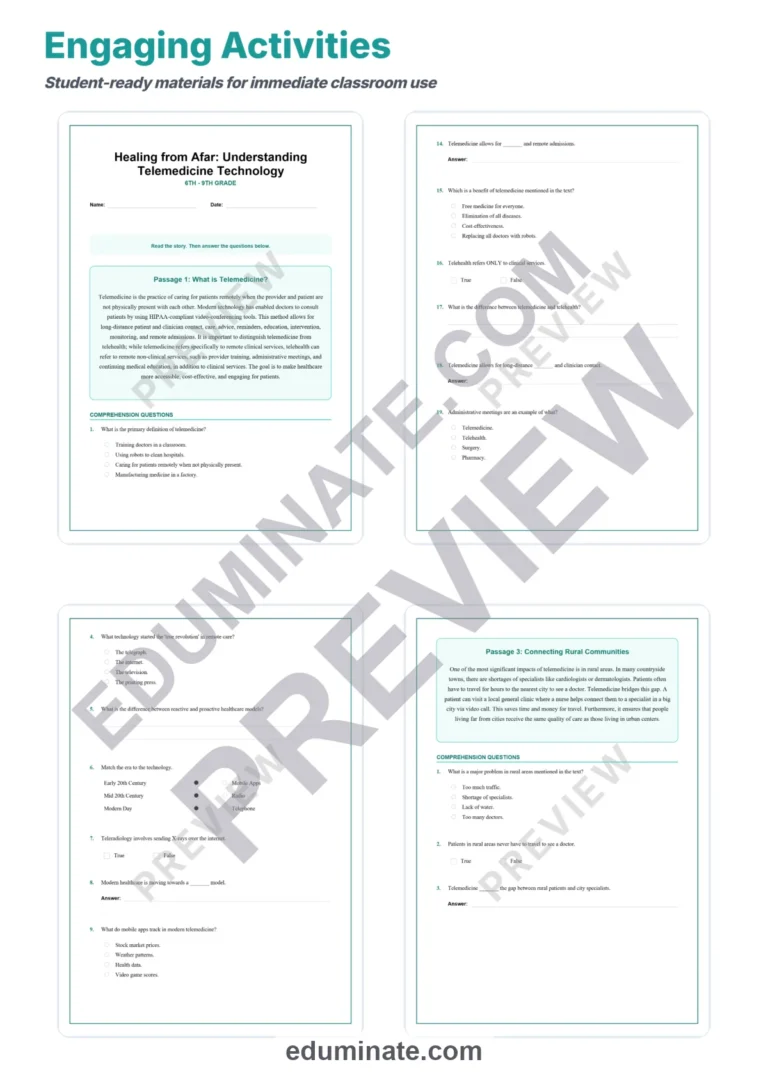Telemedicine Reading Comprehension Passages and Digital Healthcare Worksheets sample page 3