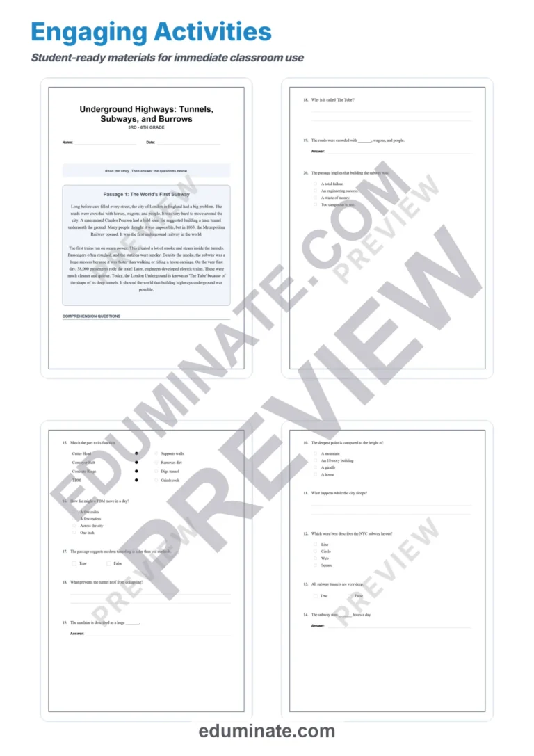 Underground Highways Reading Comprehension Subways and Tunnels Passages Packet sample page 3