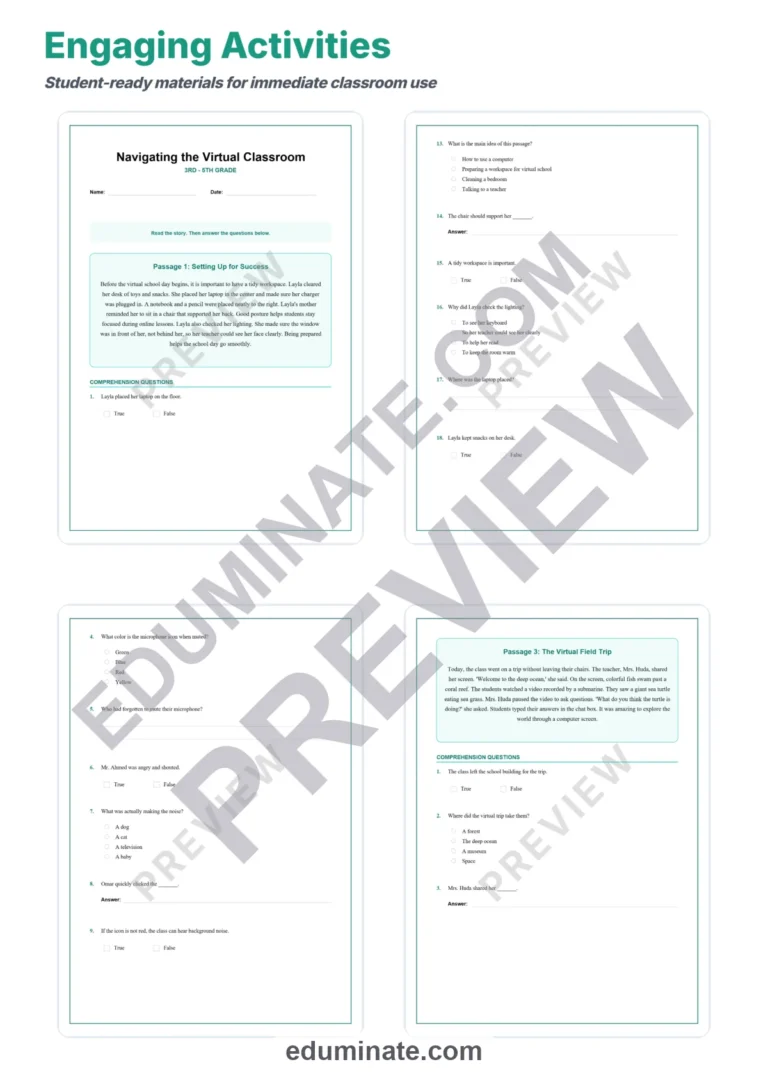 Virtual Classrooms Reading Comprehension Passages and Online Learning Sheets sample page 3