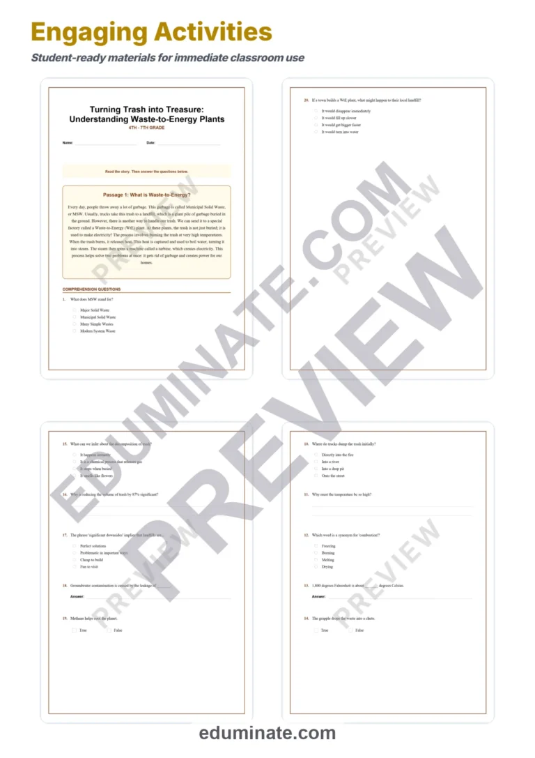 Waste to Energy Reading Comprehension Passages and Renewable Energy Activities sample page 3