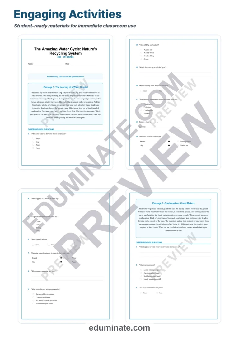 Water Cycle Reading Comprehension Passages and Worksheets for Classroom Study sample page 3