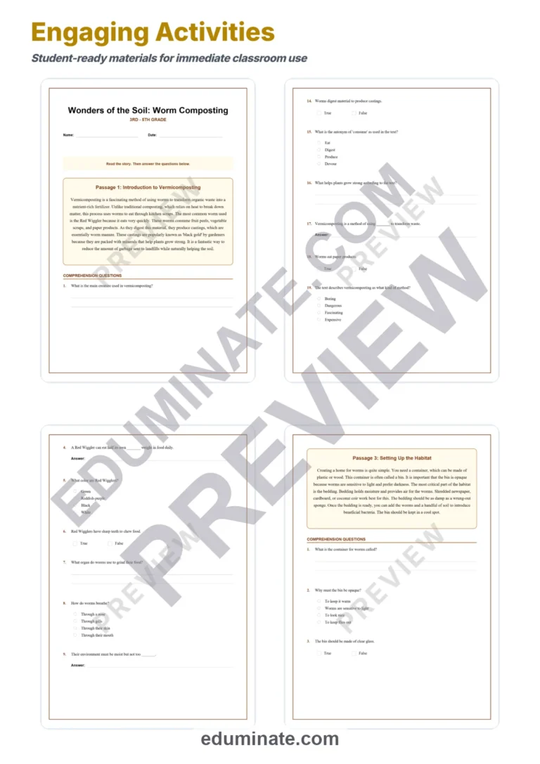 Worm Composting Reading Comprehension Passages and Soil Science Worksheets sample page 3