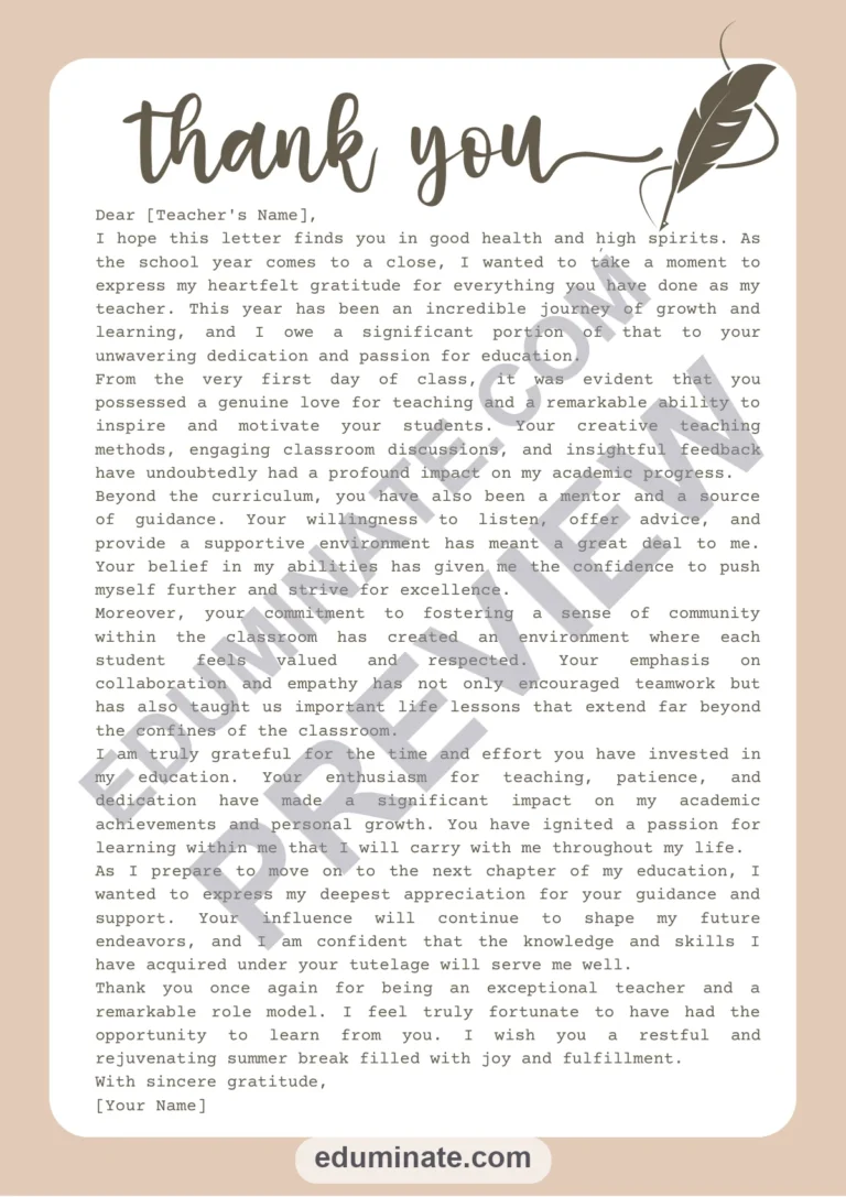 Thank You Letter to Teacher for the Last Day of School – 12 Page Printable PDF sample page 3