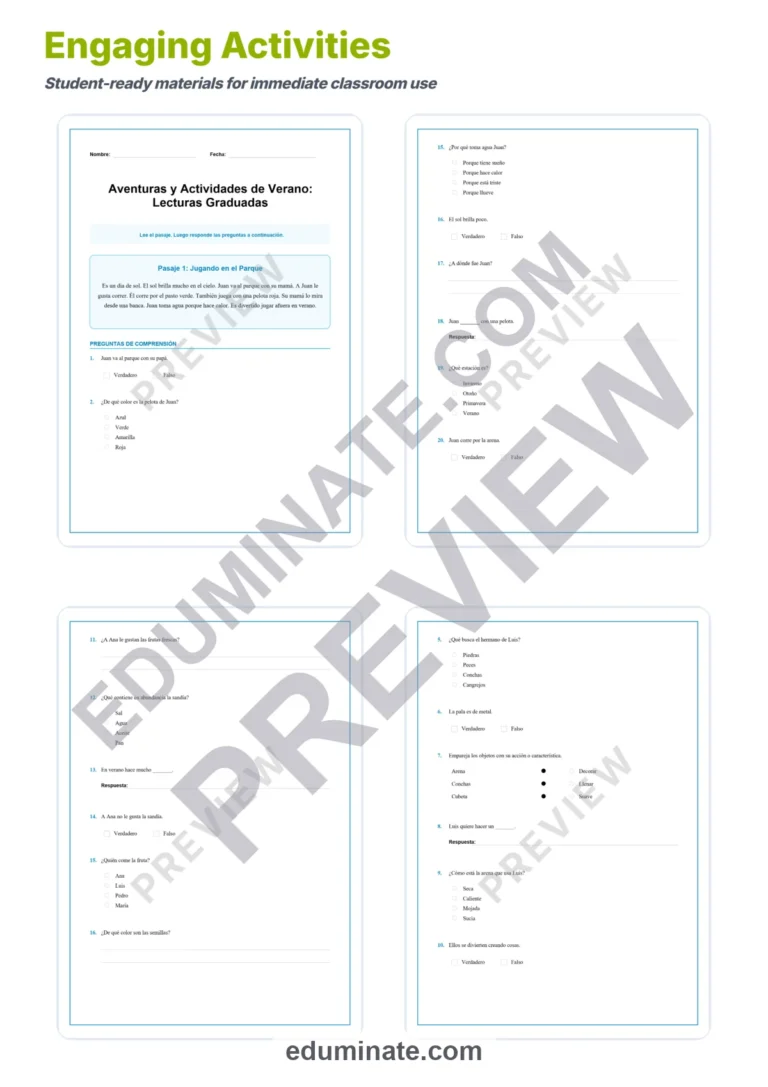 Spanish Reading Worksheets – Spanish Summer Reading Passages and Questions sample page 3