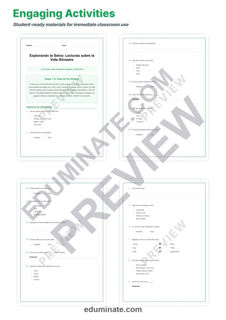 Spanish Animals Worksheets – Reading Passages with Questions and Answer Key sample page 3