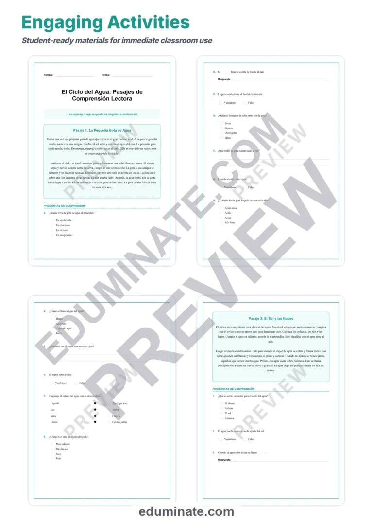 Spanish Water Cycle Reading Passages – Questions and Answer Key Grades 2-6 sample page 3