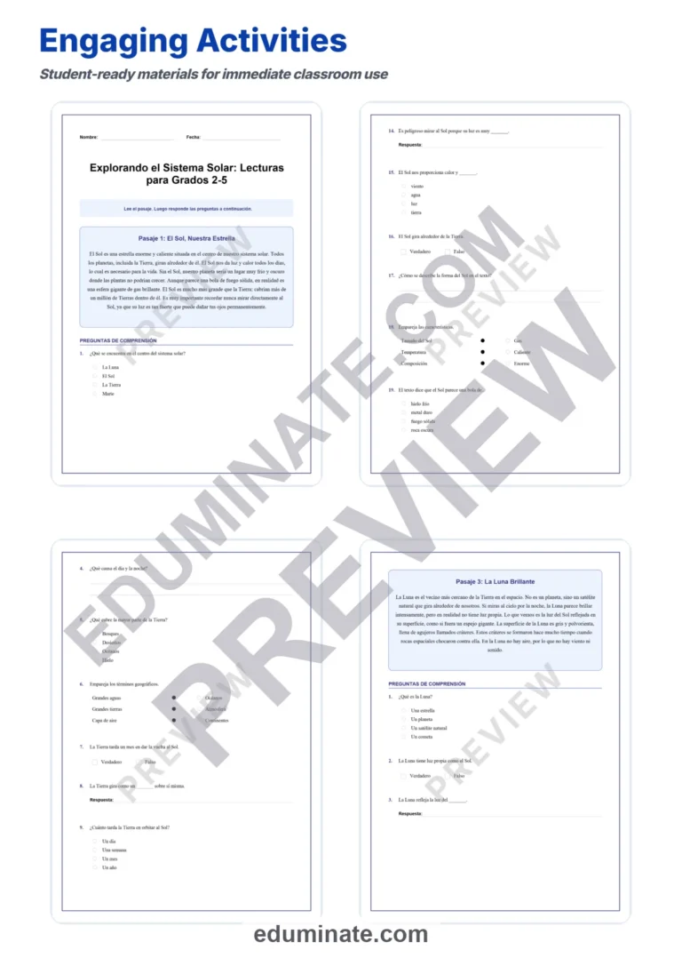 Spanish Solar System Reading Passages – Questions and Answer Key Grades 2-5 sample page 3