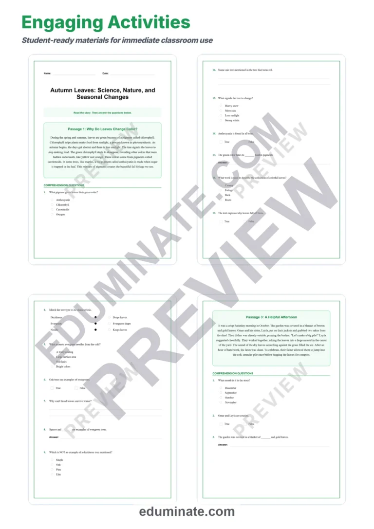 Autumn Leaves Reading Comprehension Passages and Worksheets for Grades 3-5 sample page 3