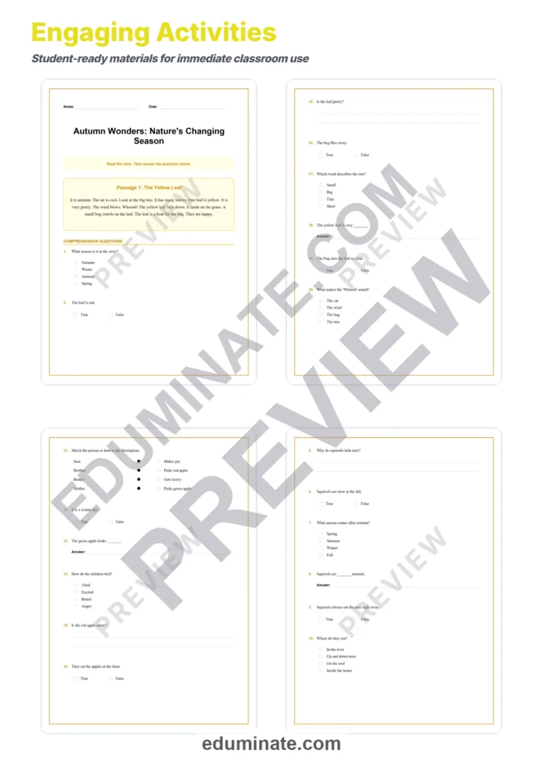 Autumn Reading Comprehension Passages Worksheets Grades 1-8 Autumn Wonders sample page 3