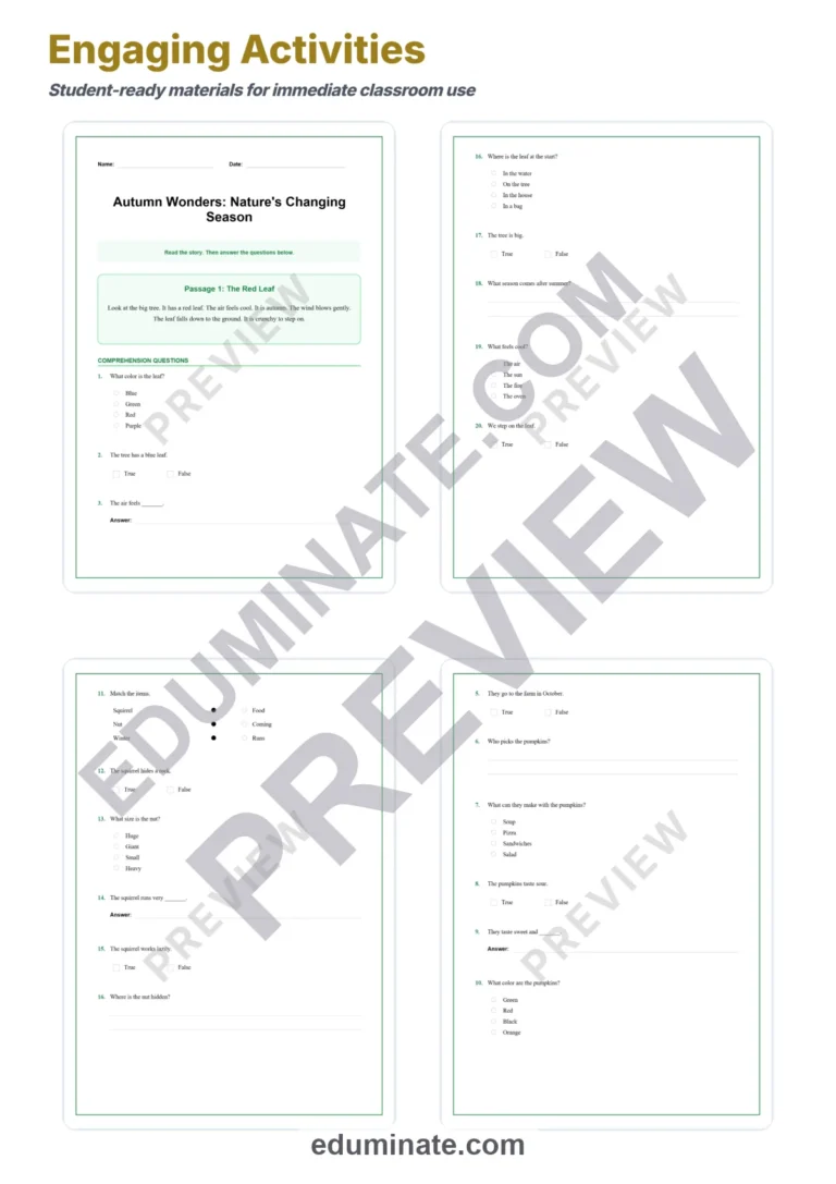 Autumn Nature Reading Comprehension Passages Worksheets Grades 1-5 Printables sample page 3