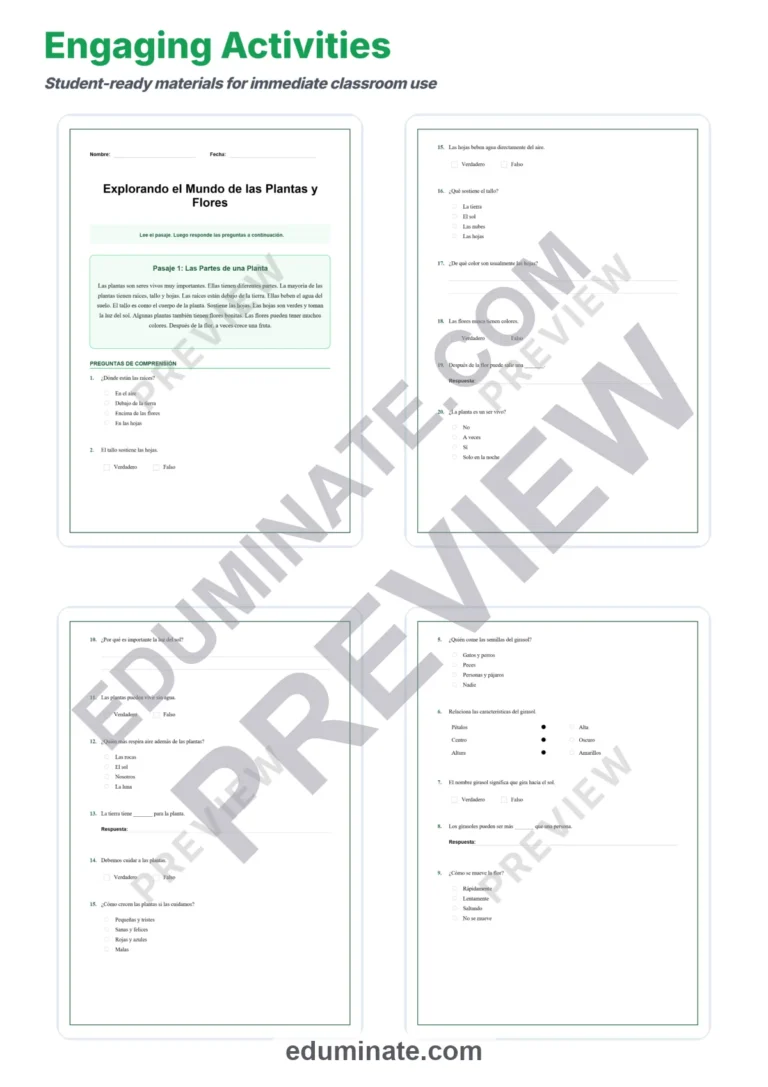 Spanish Plants Reading Passages – Printable Pages with Questions Grades 2-6 sample page 3