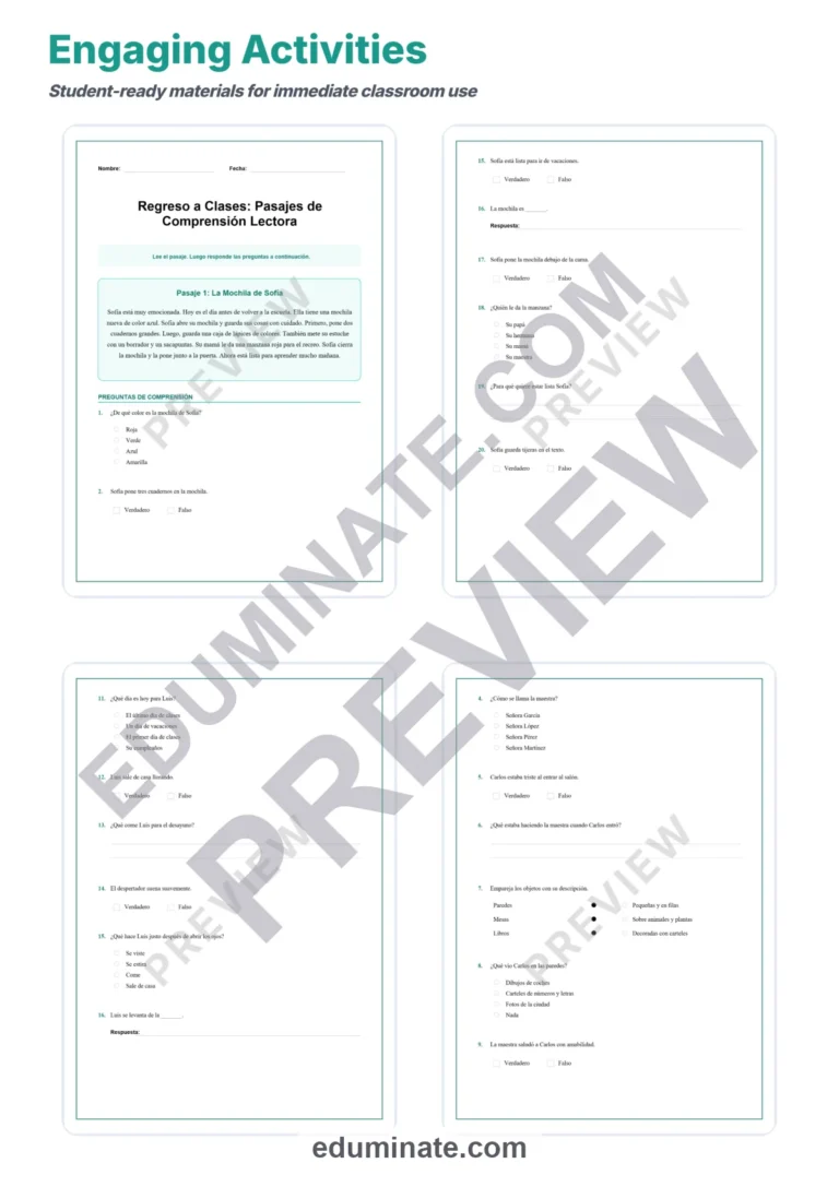 Spanish Back to School Reading Passages – Questions and Answer Key Grades 2-6 sample page 3