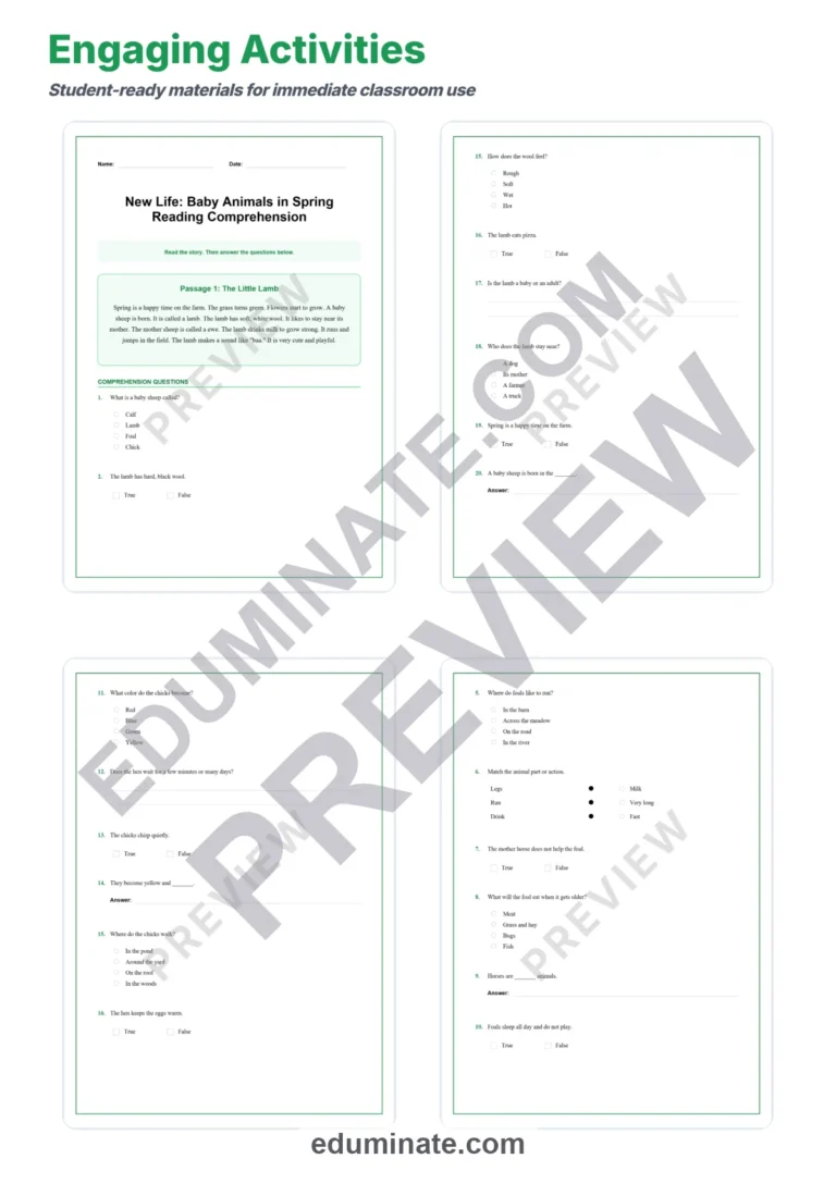 Baby Animals in Spring Reading Comprehension Passages Worksheets Grades 1-5 Unit sample page 3