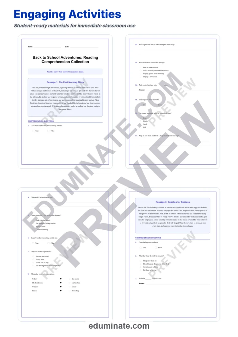 Back to School Reading Comprehension Passages Worksheets Grades K-5 Printables sample page 3