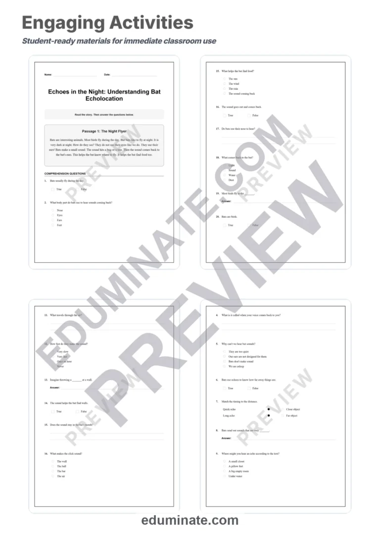 Bat Reading Comprehension Passages and Worksheets with Answer Keys, Grades 2-6 sample page 3