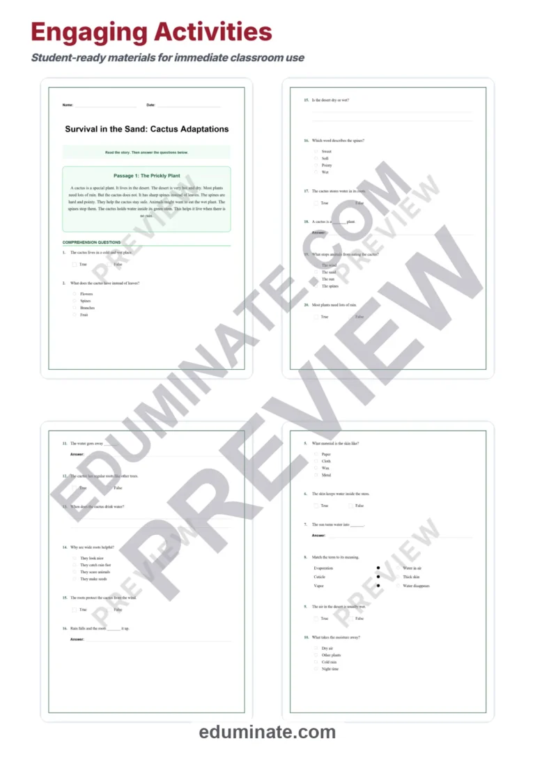 Cactus Adaptations Reading Comprehension Passages Worksheets Grades 2-8 Pages sample page 3