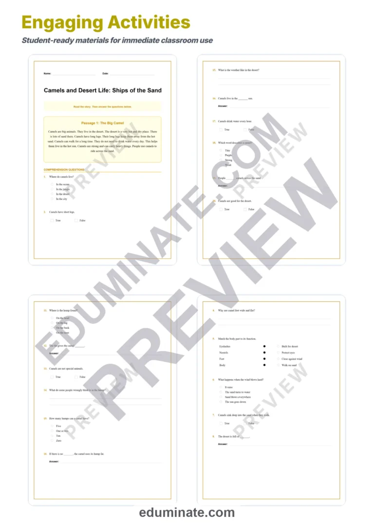 Camels and Desert Life Reading Comprehension Passages Worksheets Grades 2-6 sample page 3
