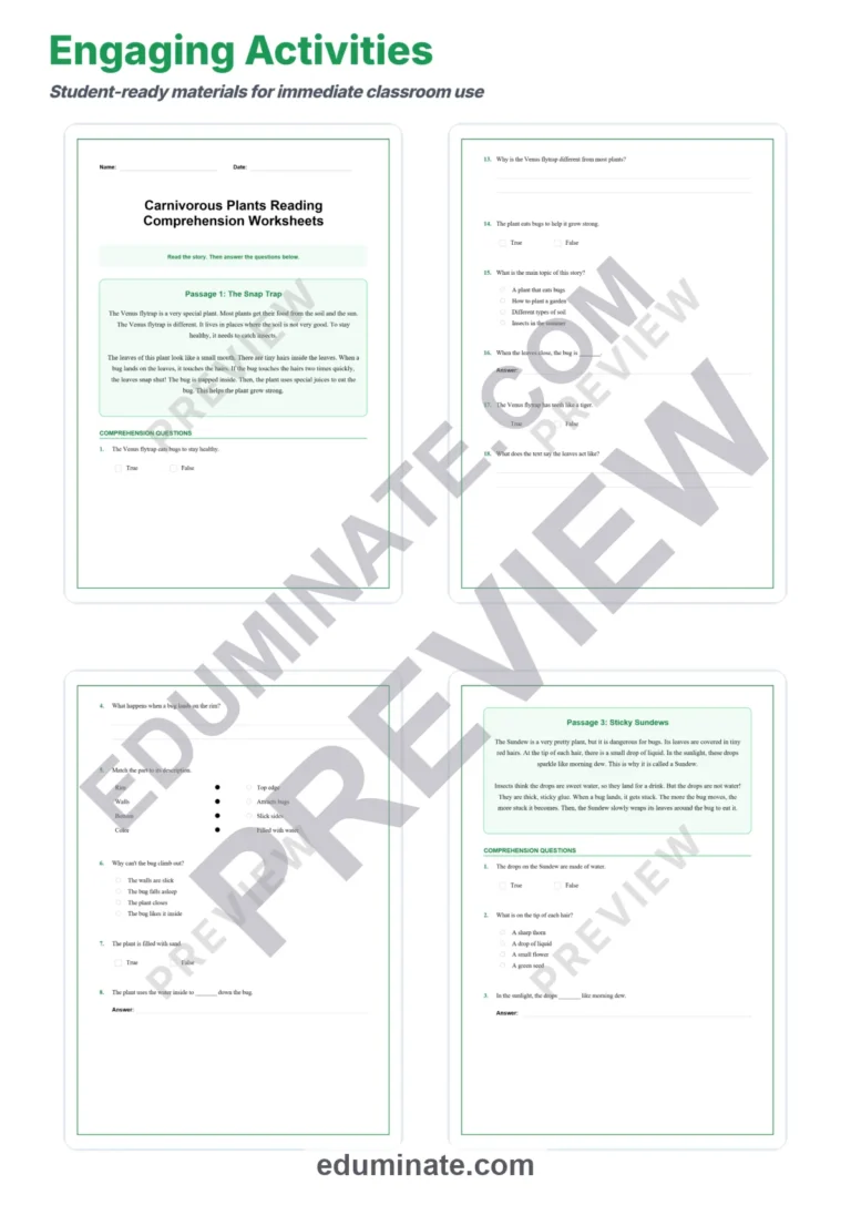 Carnivorous Plants Worksheets: Reading Passages with Answer Keys, Grades 2-6 sample page 3
