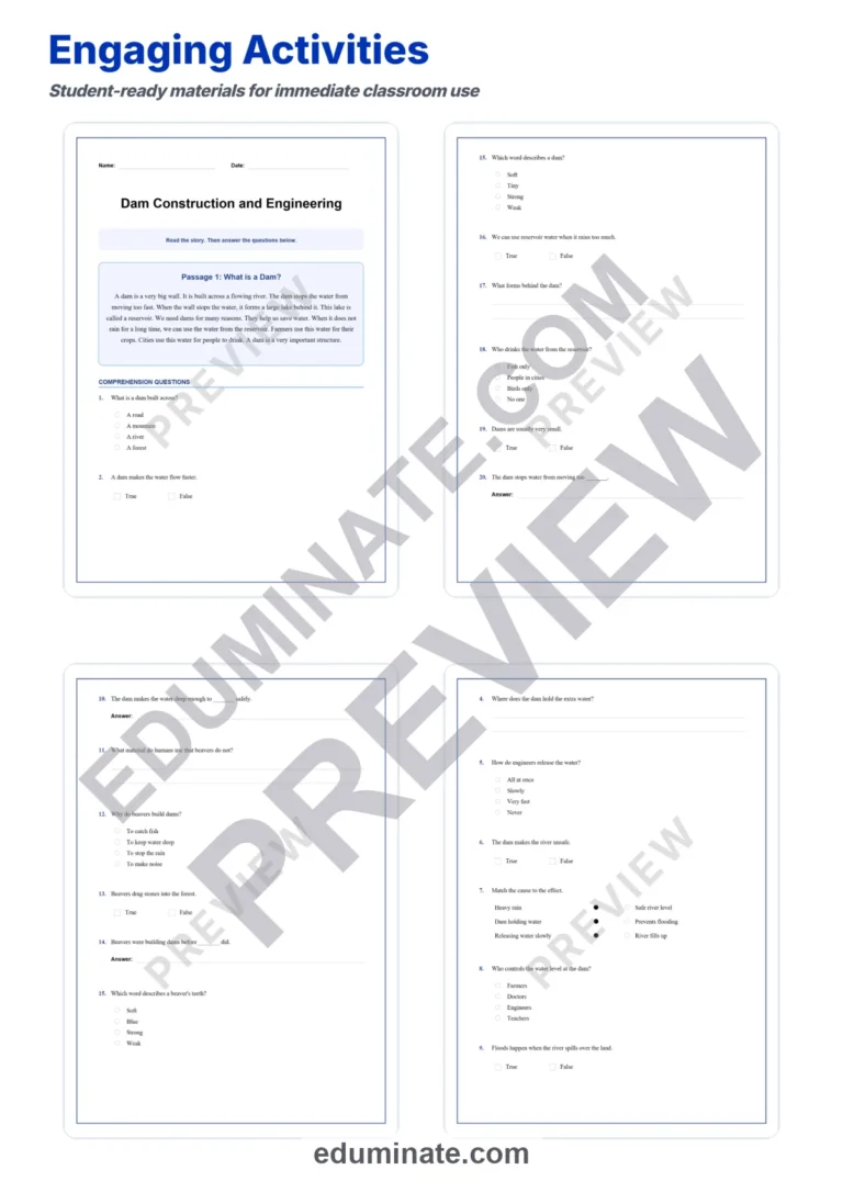 Dam Construction Reading Comprehension Passages and Questions for Grades 3-7 sample page 3