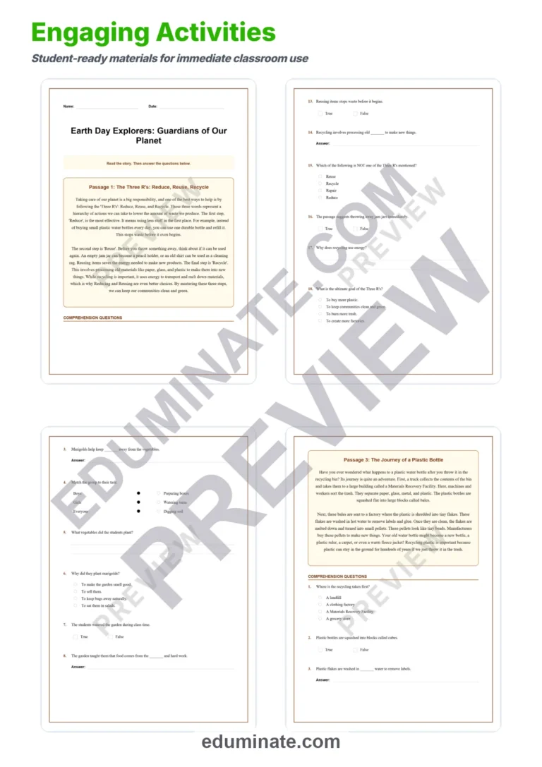 Earth Day Reading Comprehension Passages and Questions Pack for Grades 3-5 sample page 3