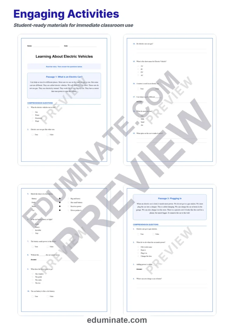 Electric Cars Reading Comprehension Passages with Answer Keys, Grades K-2 sample page 3