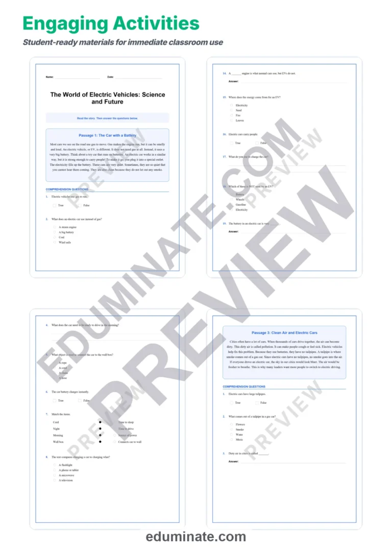 Electric Vehicles Reading Comprehension Passages 1-5 and Questions Worksheets sample page 3