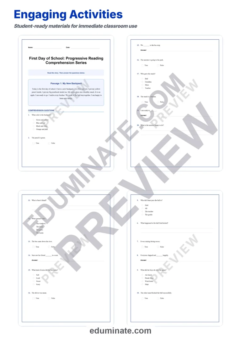 First Day of School Reading Comprehension Passages and Questions Grades 1-10 sample page 3