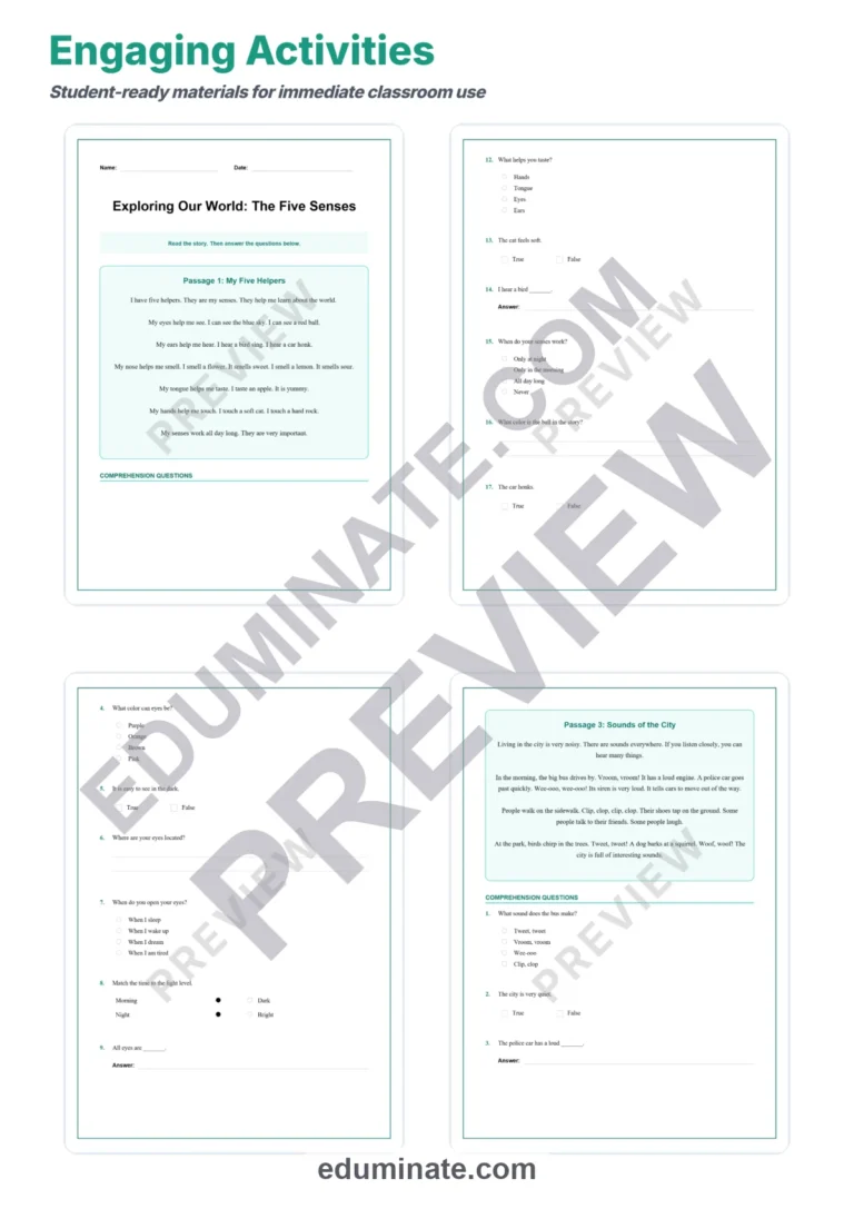 Exploring the Five Senses Reading Comprehension Passages and Questions 1-5 sample page 3