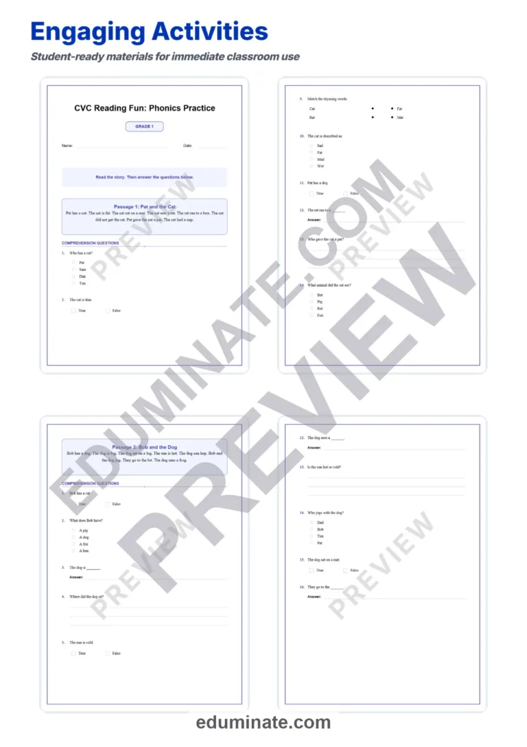 Reading Simple CVC Sentences Worksheets for Kindergarten and 1st Grade Class sample page 3