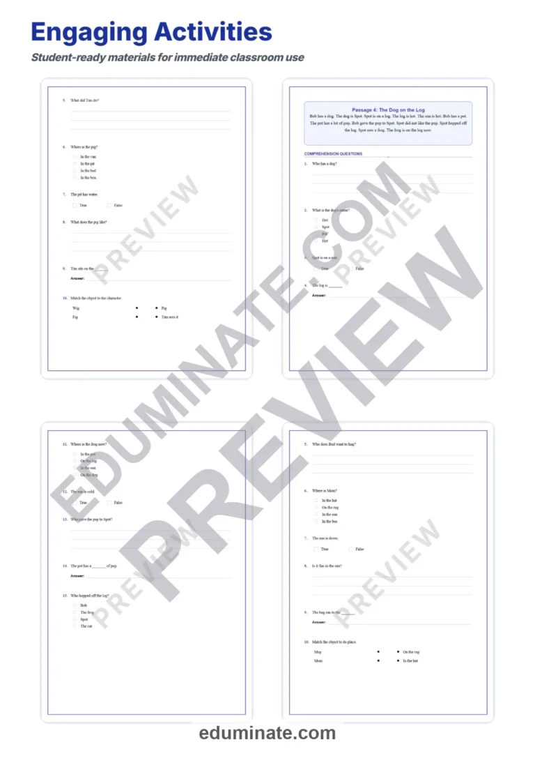 Short Vowel Worksheets – CVC Words Reading Passages and Questions 1st Grade sample page 3