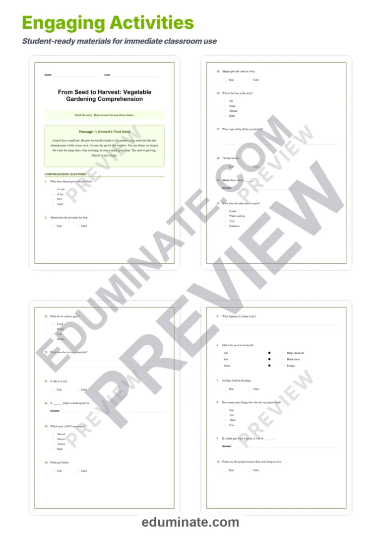 Growing Vegetables Reading Comprehension Passages and Questions Grades 1-5 sample page 3