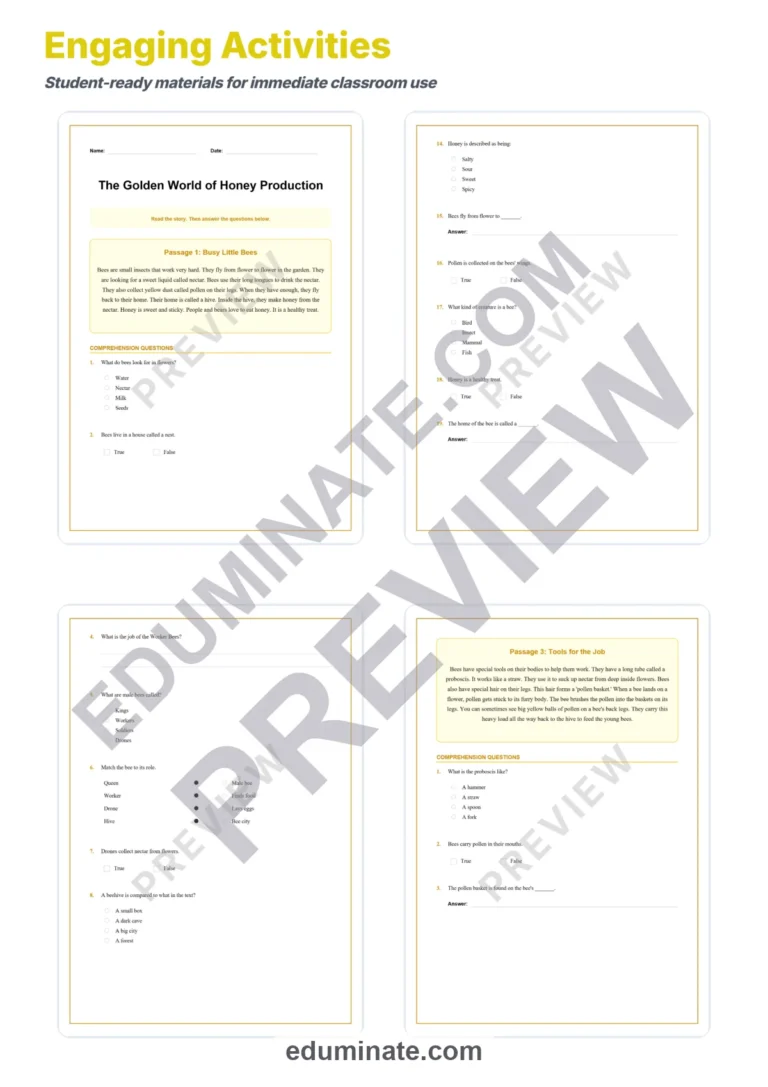 Honey Production Reading Comprehension Passages and Questions for Grades 2-6 sample page 3