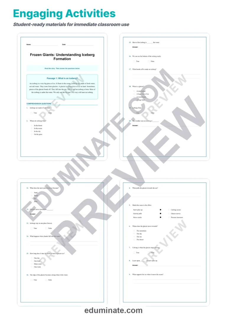 Iceberg Formation Reading Comprehension Passages and Questions for Grades 2-6 sample page 3