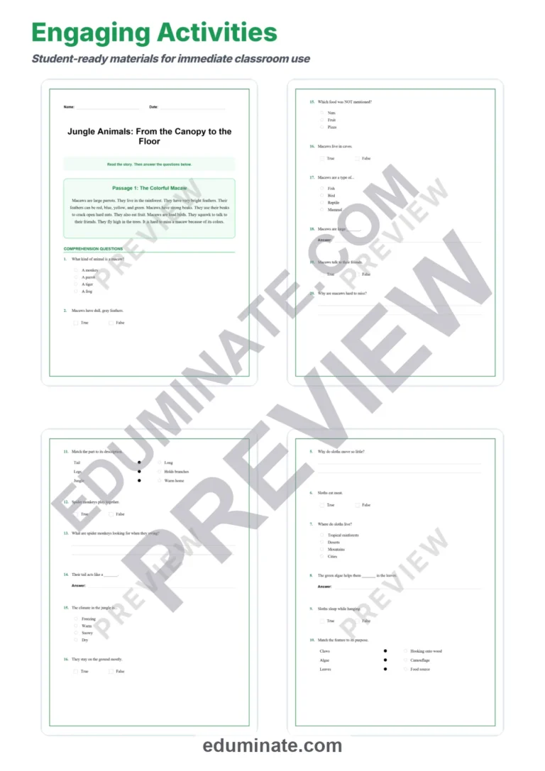Jungle Animals Reading Comprehension Passages and Questions for Grades 2-6 sample page 3