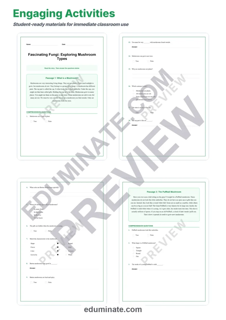 Mushroom Types Reading Comprehension Passages and Questions for Grades 3-7 sample page 3