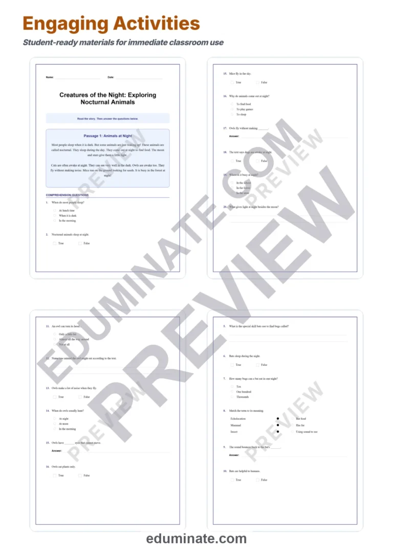 Nocturnal Animals Reading Comprehension Passages and Questions Grades 2-6 sample page 3