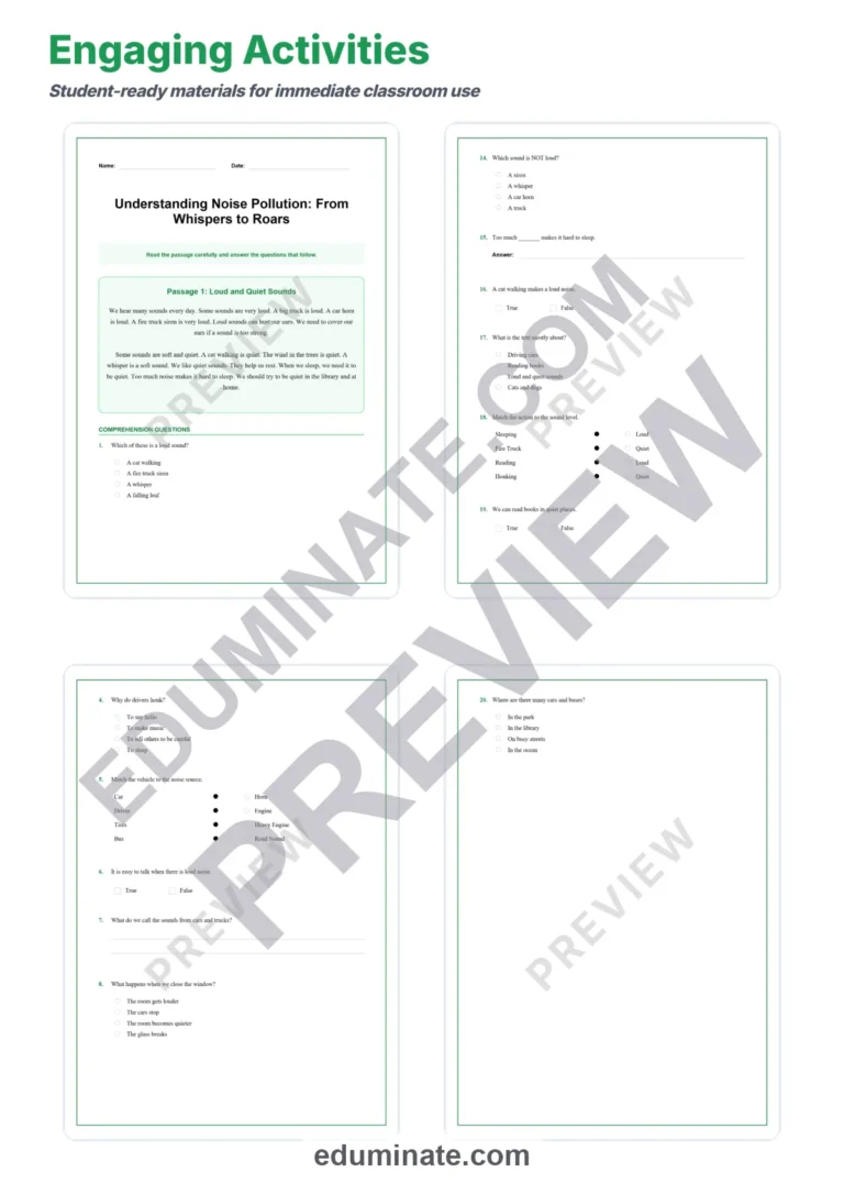Noise Pollution Reading Comprehension Passages and Questions for Grades 2-8 sample page 3