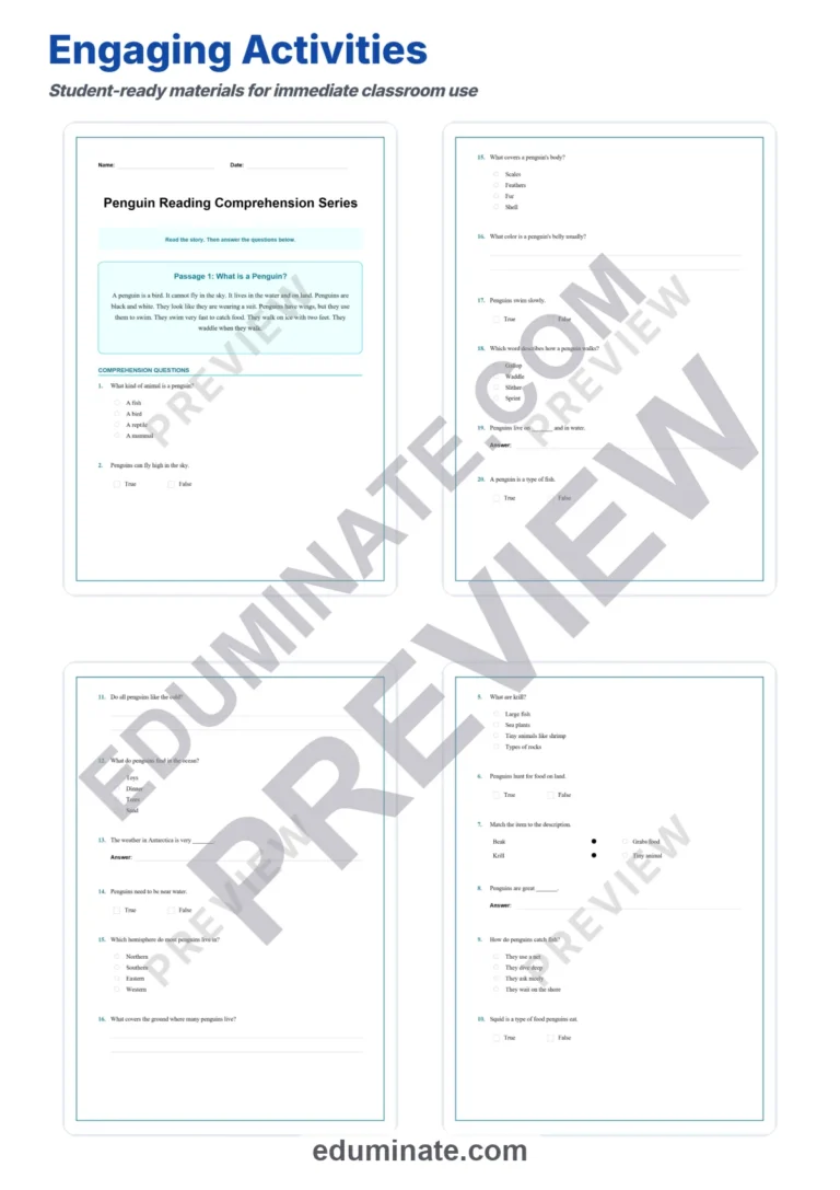 Penguin Reading Comprehension Passages Science Worksheets for 1st to 5th Grade sample page 3