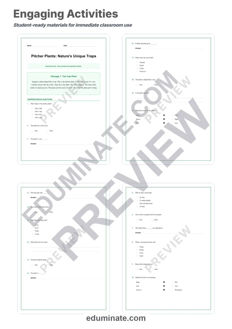 Pitcher Plant Reading Comprehension Passages Science Worksheets 2nd 6th Grade sample page 3