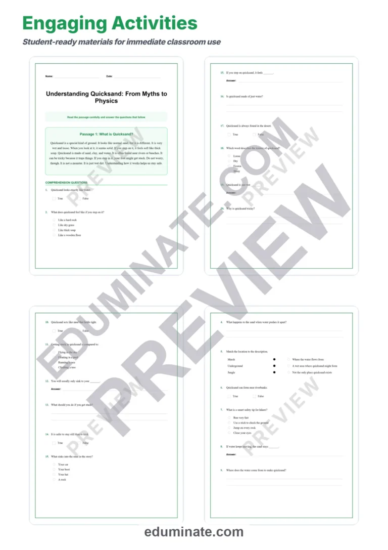 Quicksand Science Reading Comprehension Passages STEM Worksheets 3rd 8th Grade sample page 3