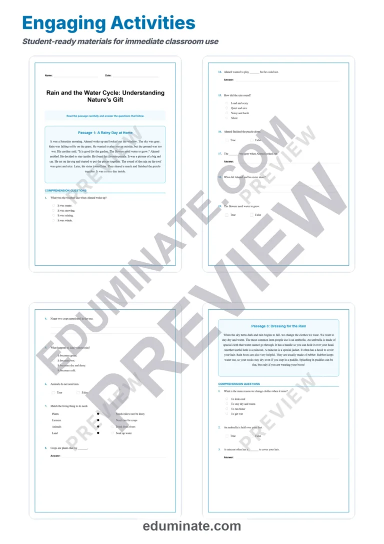 Rain Reading Comprehension Passages Water Cycle Science Worksheets 2nd 6th sample page 3