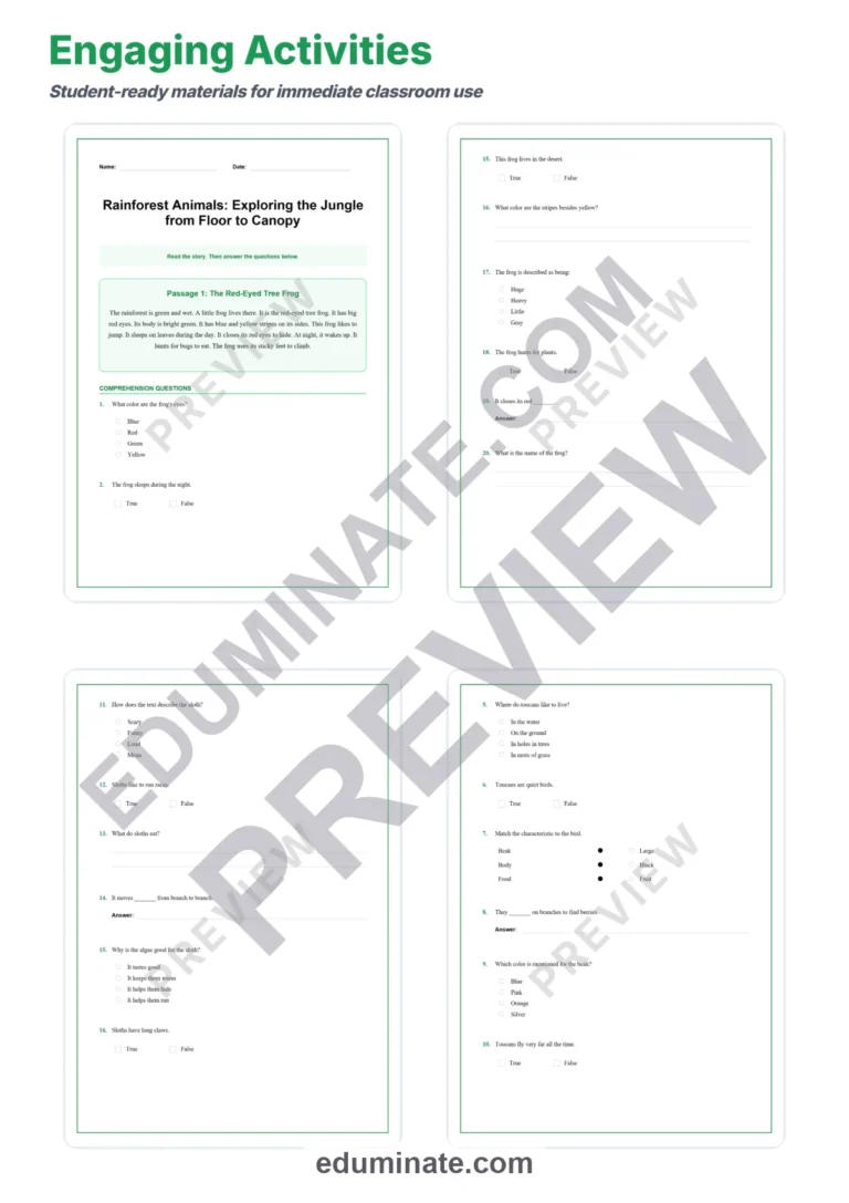 Rainforest Animals Reading Comprehension Passages Jungle Worksheets 1st 5th sample page 3