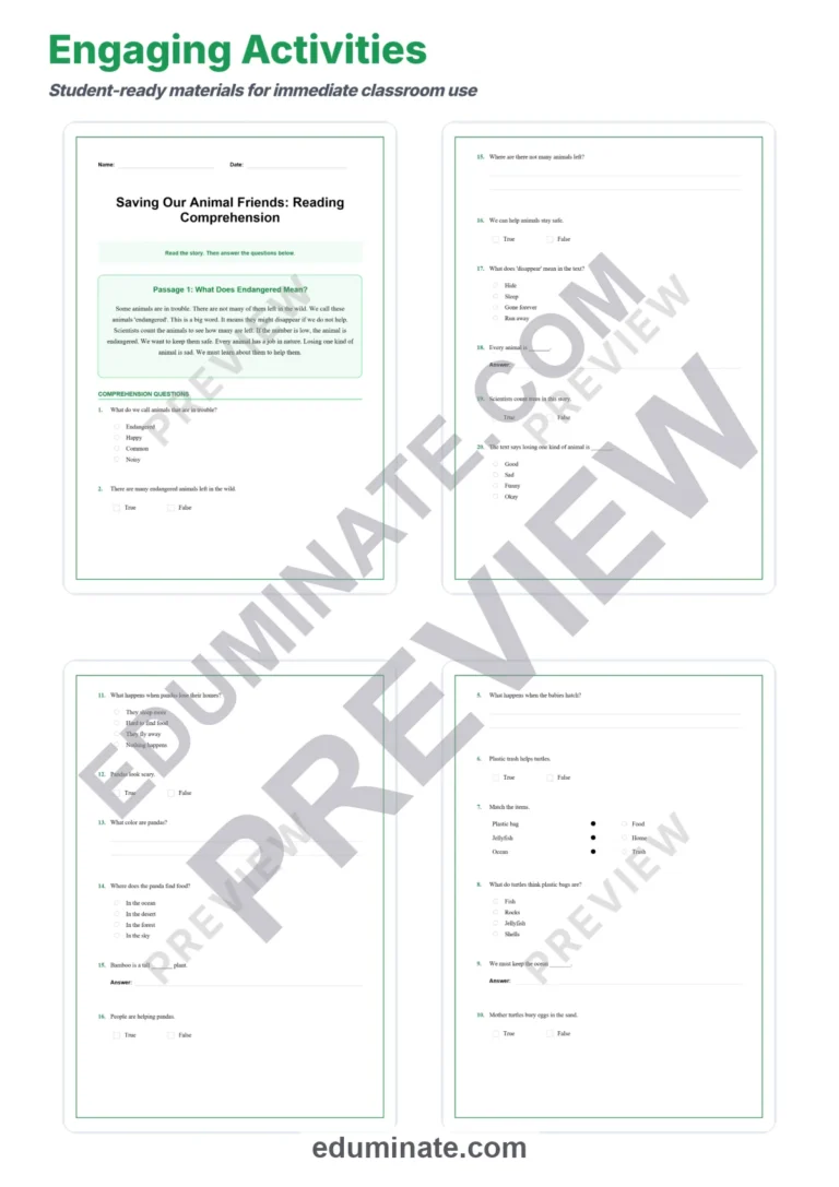 Endangered Animals Worksheets: Reading Passages with Answer Keys, Grades K-2 sample page 3